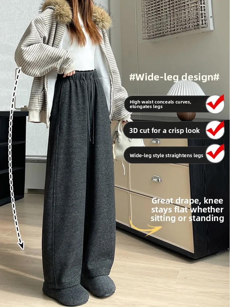 Thiened Fce 카메레 와이드 레그 팬츠 여성 캐주얼 스포츠 루즈 드레이프 스트레이트 나이프 팬츠 하이 웨이스트 폴리에스터 섬유