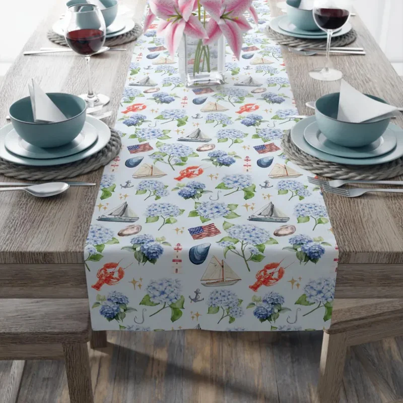 VIKAMA Cape Cod Blue Hydrangea Table Runner Summer Kitchen Decor with Lobster Design American-Style Table Decor