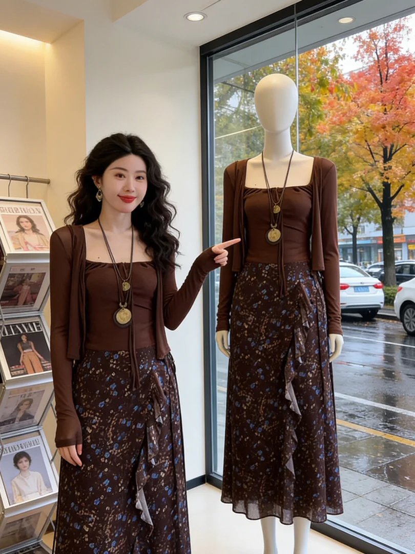 

Потрясающий раннеосенний корейский модный комплект в стиле Ele Maturi: легкий люкс, изысканная атмосфера, длинное платье в стиле принцессы