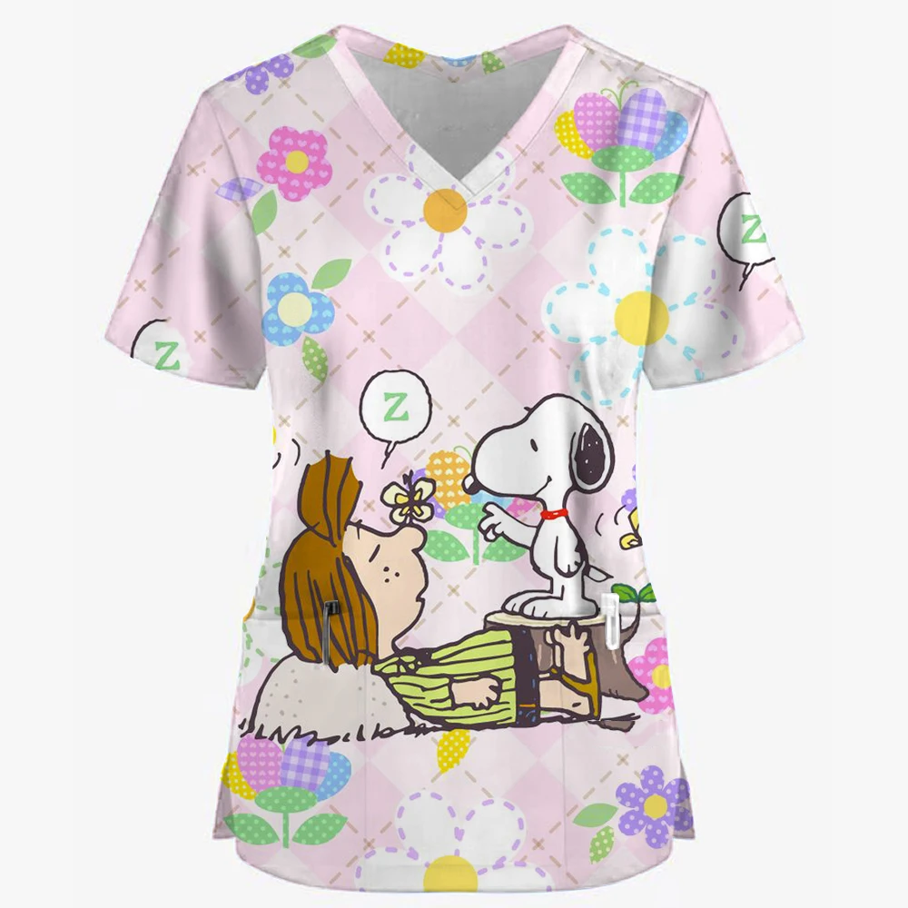 Snoopy Cartoon Print Nurse Uniform V-Neck Pocket Nursing Scrubs Tops Women Working Clothes Overalls Medical Uniforms Clinic