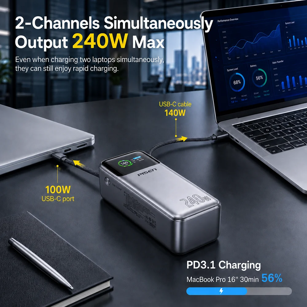 PISEN 240W 27,000mAh High Capacity Power Bank With140W Fast Charging Cable Portable External Battery PD3.1 Powerbank for Laptop Notebook MacBook, Dell iPhone