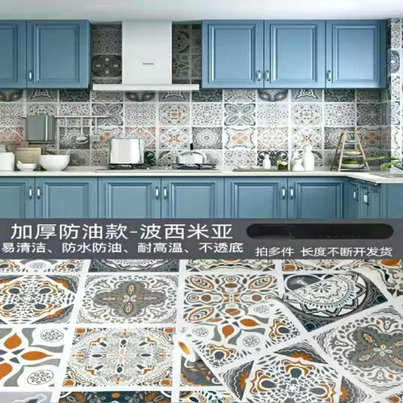 Kitchen Waterproof and Oil-proof Stickers High Temperature Resistant Ethnic Style Creative Cabinet Wall Self-adhesive Wallpaper