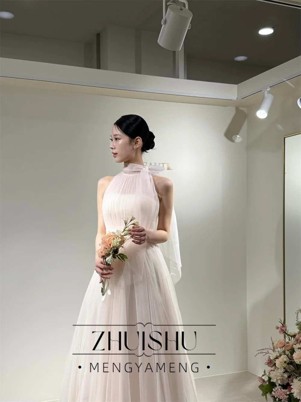ZHUISHU Fairy Soft Pink Soft Tulle Evening Dress Korea Wedding Dress Photo Shoot Floor-Length Sleeveless Prom Gowns Customized