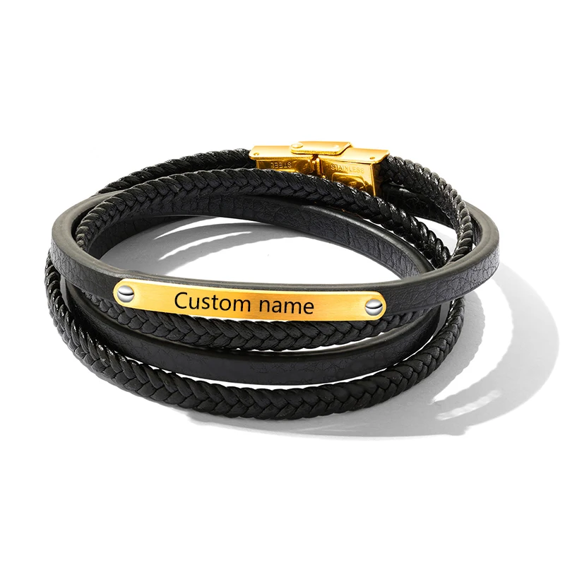 Bracelet en cuir personnalisé avec nom gravé pour homme, acier inoxydable, bracelet personnalisé, bracelet à fermoir de sécurité, cadeau d'anniversaire, bijoux