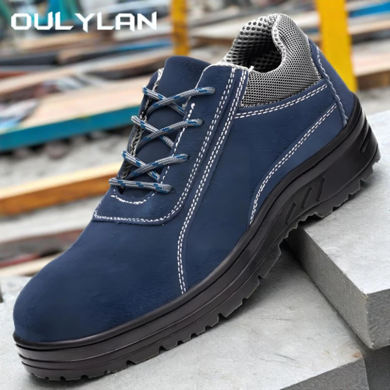 

Oulylan Male Breathable Cowhide Safety Shoes Welder Anti-Smash Work Footwear Men Wear Resistant Shoe Steel Toe Security Sneakers