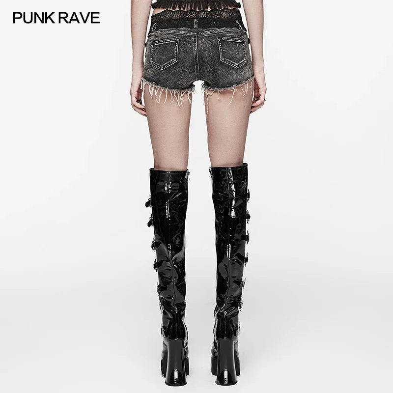 PUNK RAVE Women\'s Punk Lace Waistband Patchwork Denim Shorts Daily High Waisted Wildness Summer Casual Hotshorts