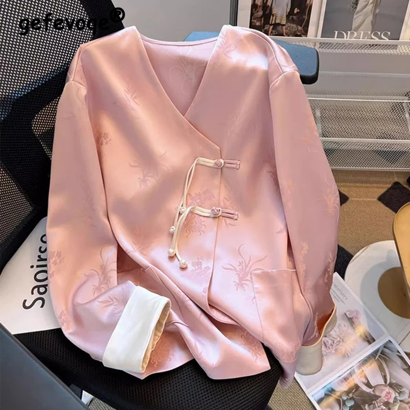 2024 Spring Autumn High Quality Satin Chinese Style Vintage Button Shirt Elegant Pink V Neck Long Sleeve Loose Hanfu Design Tops