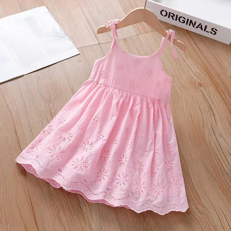 

2024 New Girls Lace Dress Summer Children's Clothing Slip Dress Skirt Hollow out Princess Tutu Party Clothes 2-6Y Kids Clothing