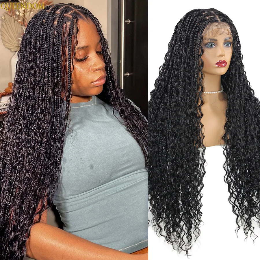 

Boho Knotless Box Braided Wigs For Women Synthetic Braided 13X6 Lace Front Wig With Curly Hair Ends Square Part Cornrows Braids