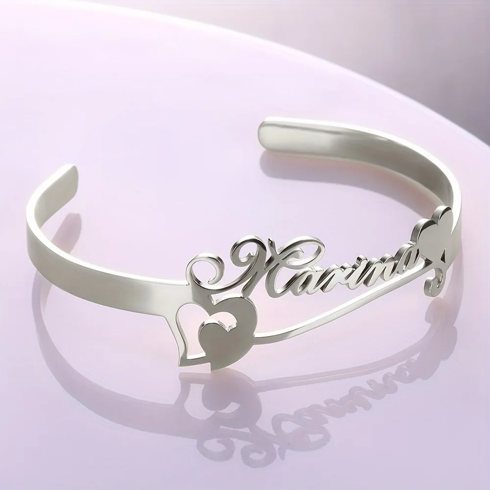 

Custom DIY Letter Heart Bangle Stainless Steel Adjustable Open Cuff Bracelet Fashion Versatile Couple Gift Anniversary Jewelry