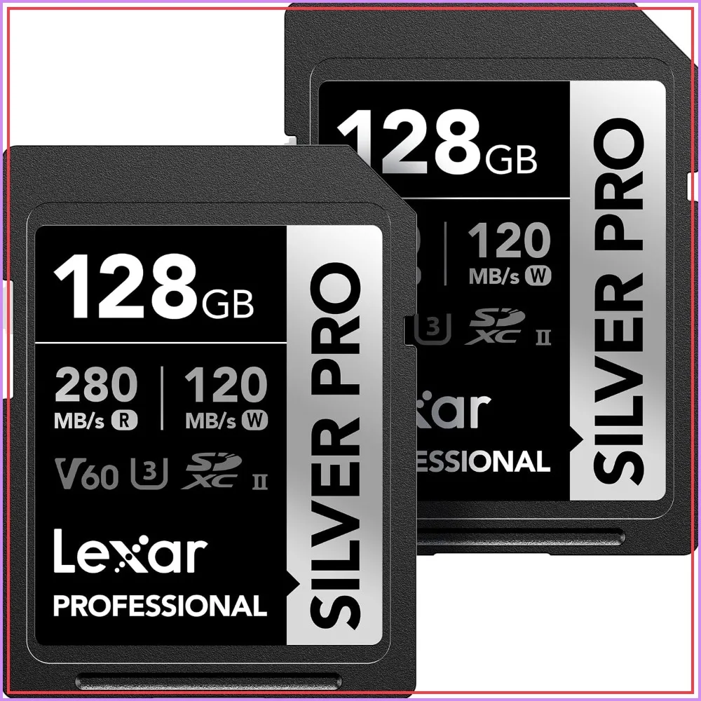 Lexar 128GB 2-Pack Silver PRO SD Card 280MB/s Read 4K V60 U3 UHS-II