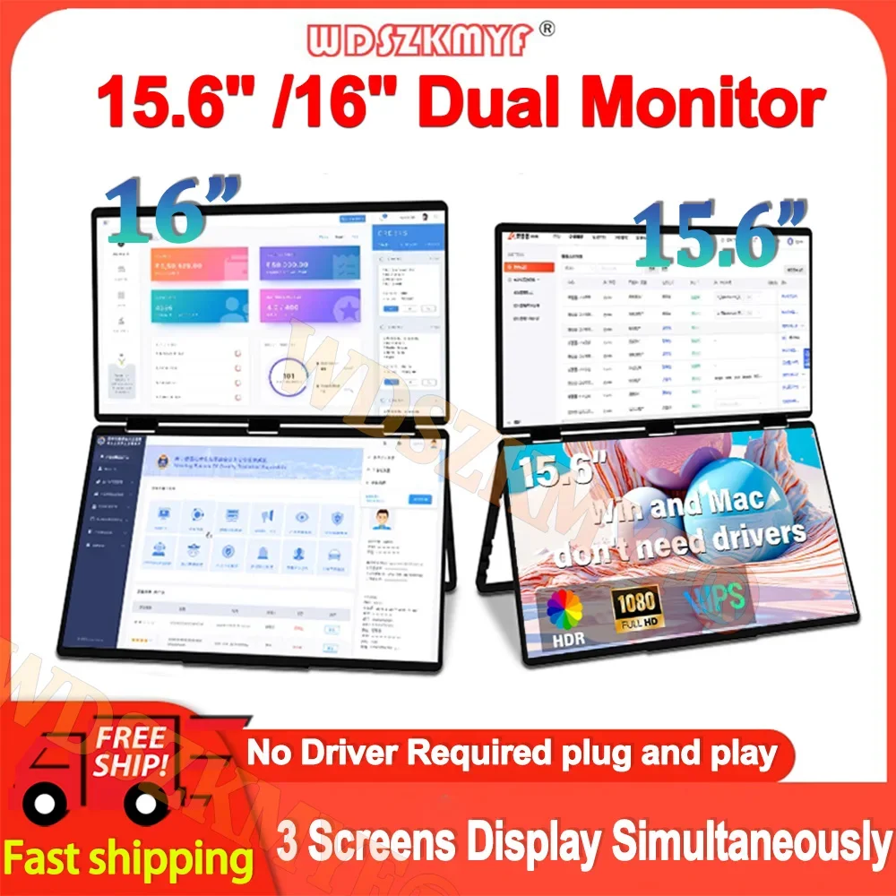 

15.6”/16” Dual Screen Portable Monitor / Single Screen With Stand 1080P HDR 16:9 For PC Loptop XBox PS4 / 5 Switch Cell Phone