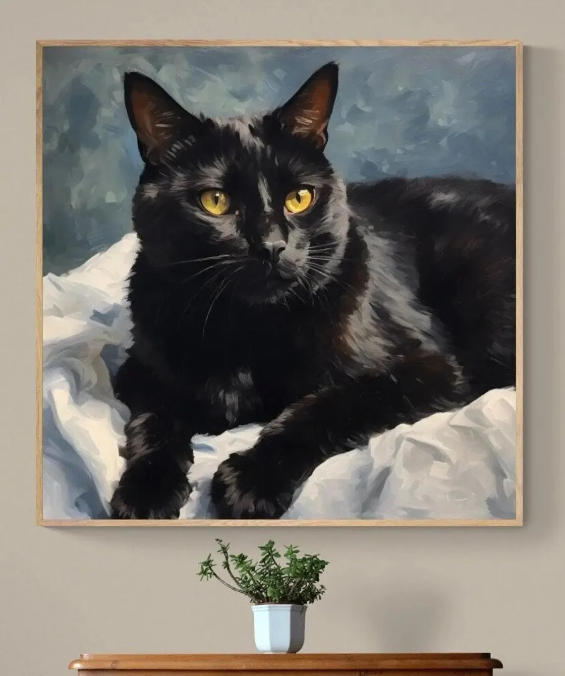 Realistisches Ölgemälde Schwarze Katze Wanddruck-Dekoration - Stimmungsvolles Katzenporträt für Gemütliches Wohnzimmer-Akzentstück, Katzenliebhaber-Schlafzimmerwand