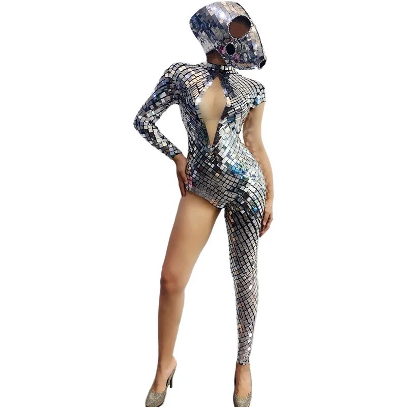 Sparkly Mirrors Jazz Costume Sexy Single Sleeve Leg Silver Lens Jumpsuit Skull Headgear Women Nightclub Ds Dj Pole Outfit