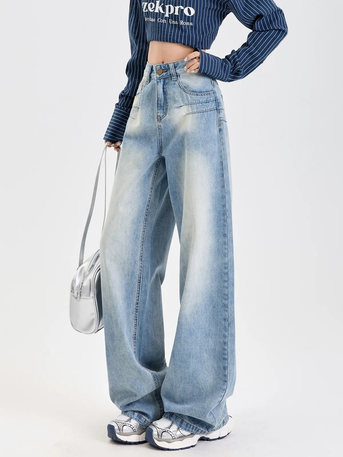 ZHISILAO Vintage Wide Leg Straight Jeans Women Classic Y2K Blue Denim Pants Streetwear 2024