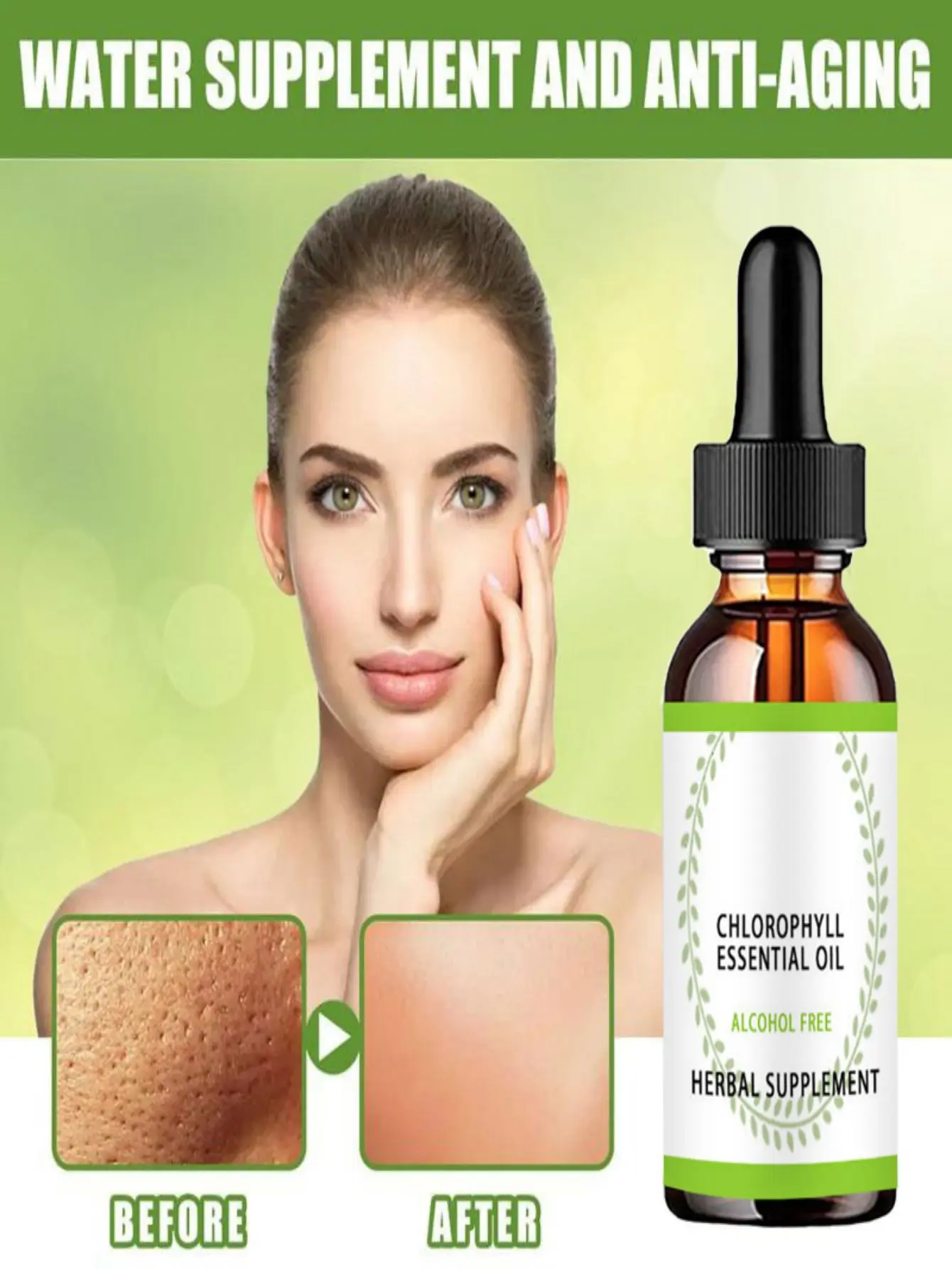 chlorophyll essence oil shrinks pores, reduces fine lines, nourishes skin, and cleans face