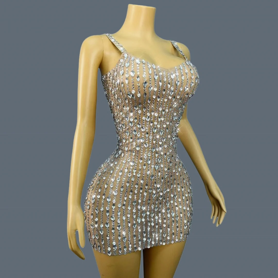 

Sexy Women Glamorous Sparkly Crystals Tight Fitting Evening Dress High-end Luxury Outfit See Through Mesh Cocktail Dress Shuizhu
