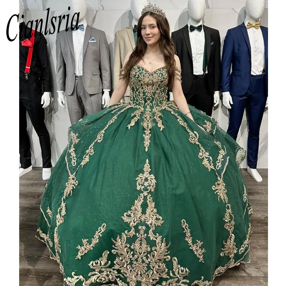 Szmaragdowo zielona meksykańska sukienka na Quinceanera suknia z ramiączkami cekinowe aplikacje koronkowy gorset Vestidos De XV Anos