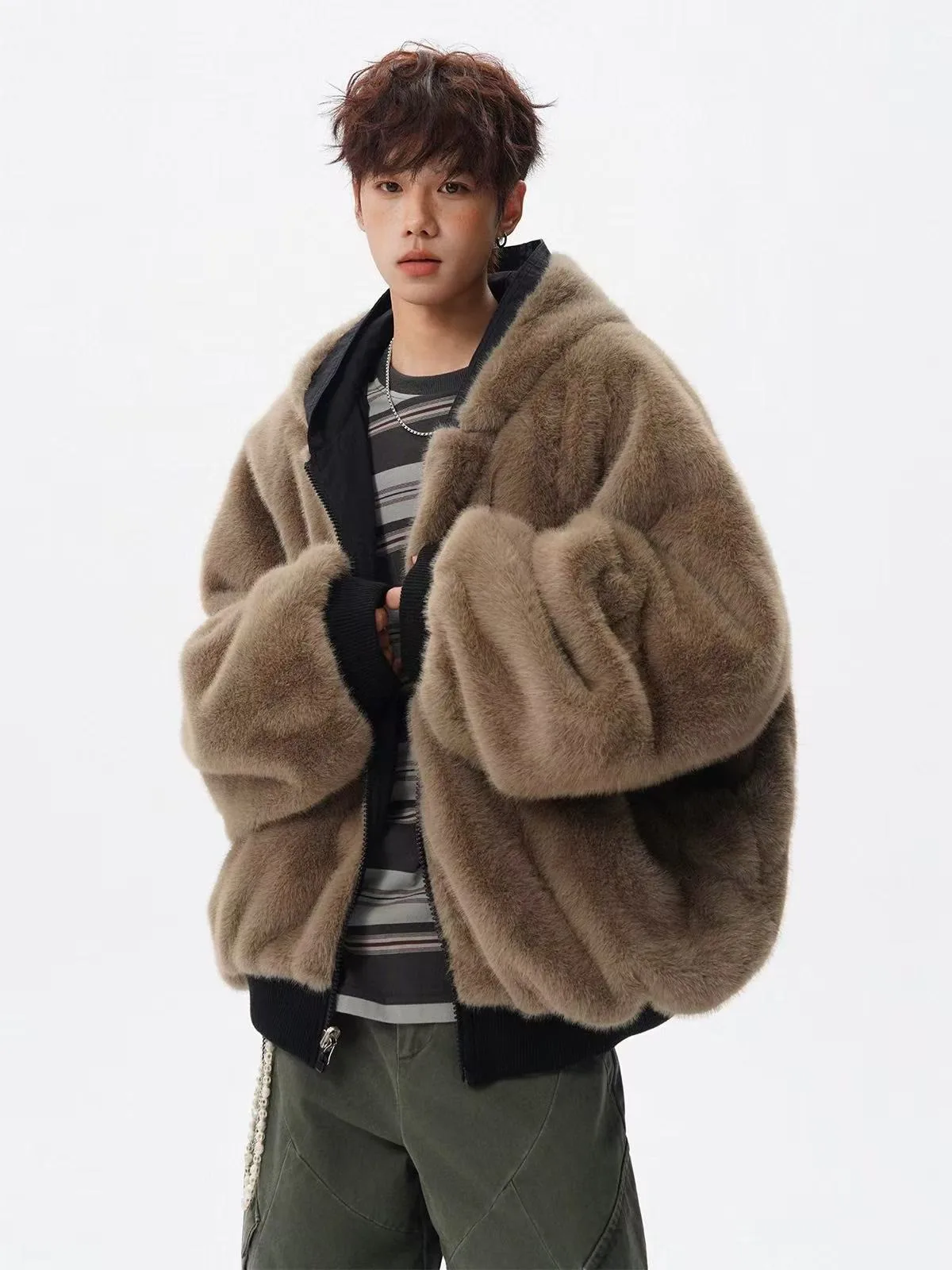 Trendy brand double-sided wearing imitation rabbit fur cotton coat, men's winter hooligan handsome warm hooded cotton coat, retr