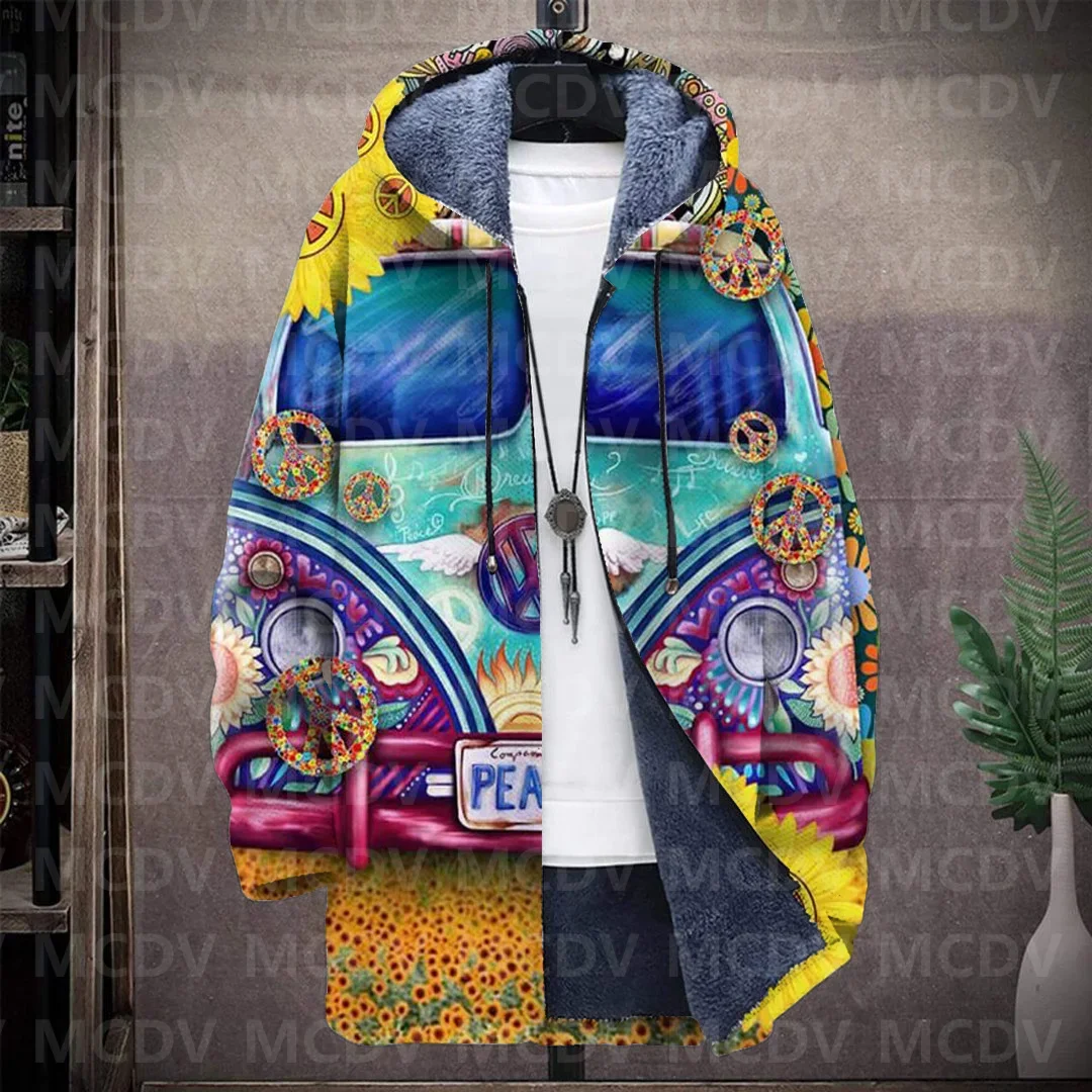 Men's Retro Print Plush Thick Long-Sleeved Coat Cardigan Peace 3D Prined Fleece Hooded Overcoat Unisex Thick Warm Jacket