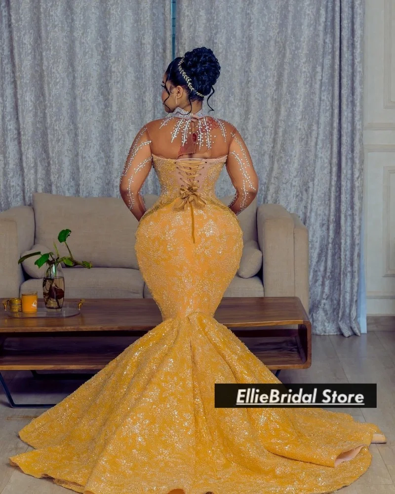 Delicate Crystal Sequin Hoge Hals Avondjurken Luxe Kralen Sheer Top Lange Zeemeermin Bruiloft Jurk Prom Jassen Aangepast