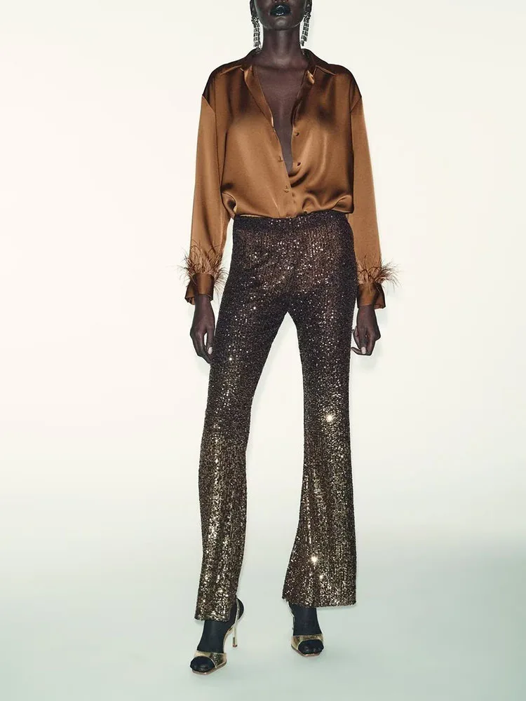 Ele Sweet Faionable Casual Feather Trim Silk Satin Feel irt Women's Winter New Arrival Multi-Purpose Sle 2025:Ele Sweet Faionable Casual Feather Trim Silk Satin Feel irt Women's Winter New Arrival Multi-Purpose Sle 2025