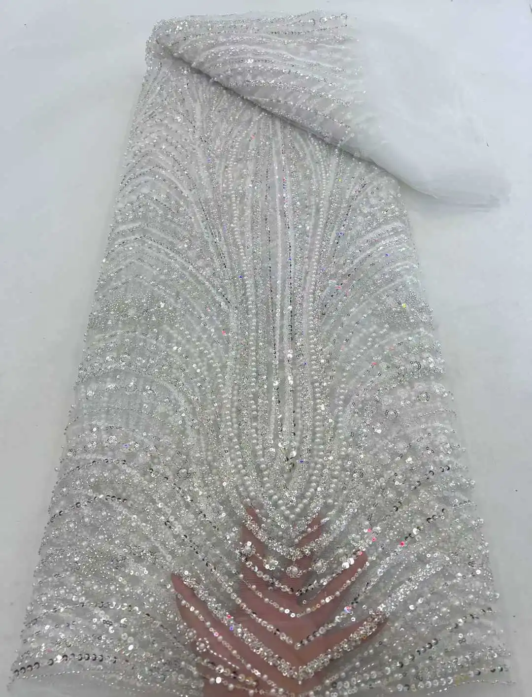 African Sequin Groom Lace Fabric 2026 High-Quality French Nigerian Bead Lace Fabric Suitable for Wedding Dress Sewing