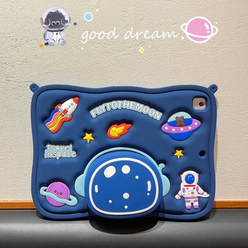 For IPad Air Mini 2 3 4 5 6 7 10.9 Pro 11 9 8 7th10.2 10.5 Gen Child 3D astronaut Silicone bracket Tablet  cute  Protectivecover