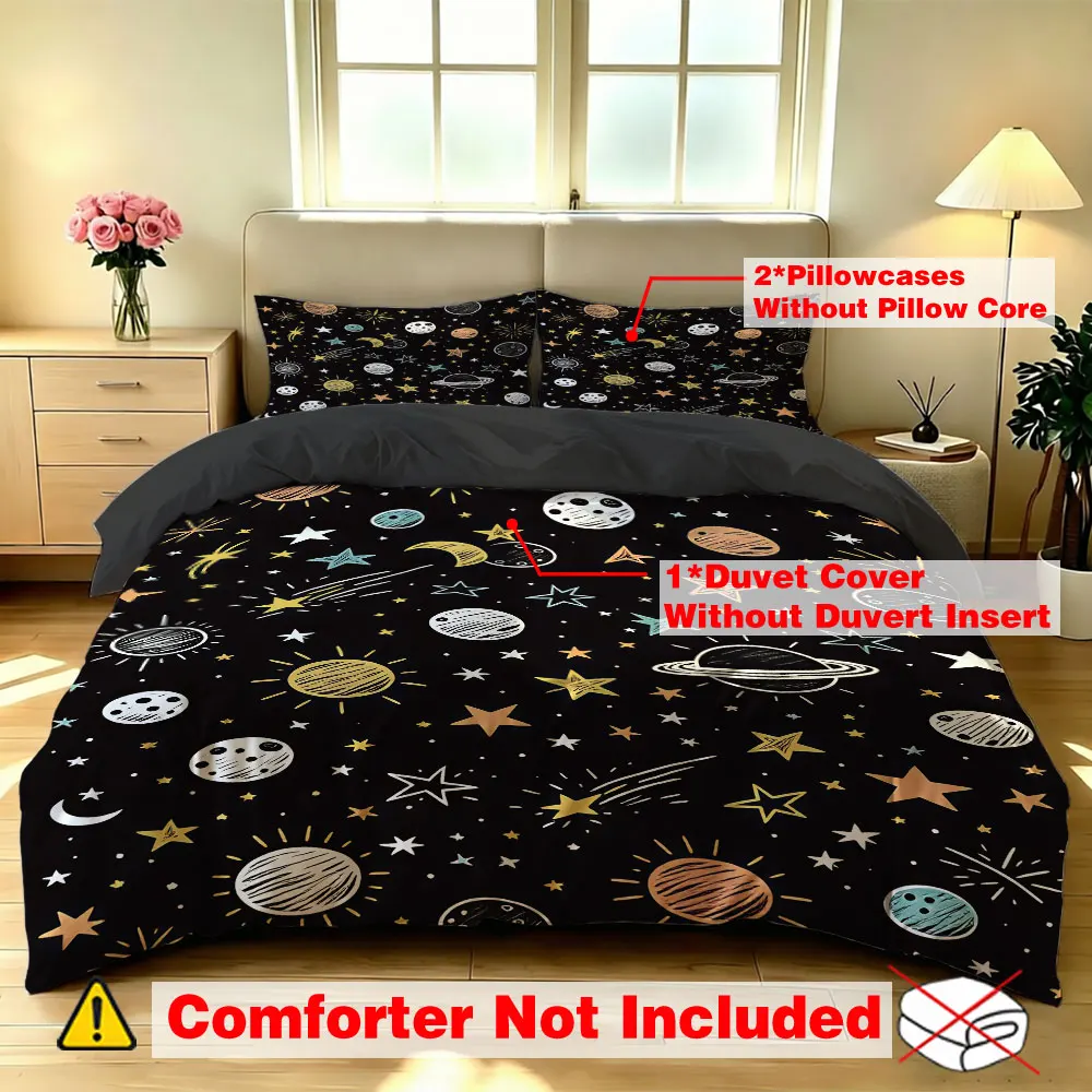 Space Planet Duvet Cover Set 3Pcs, Black Galaxy Star Bedding, Cosmic Print Quilt Cover with Pillowcases, Kids Bedroom Decor
