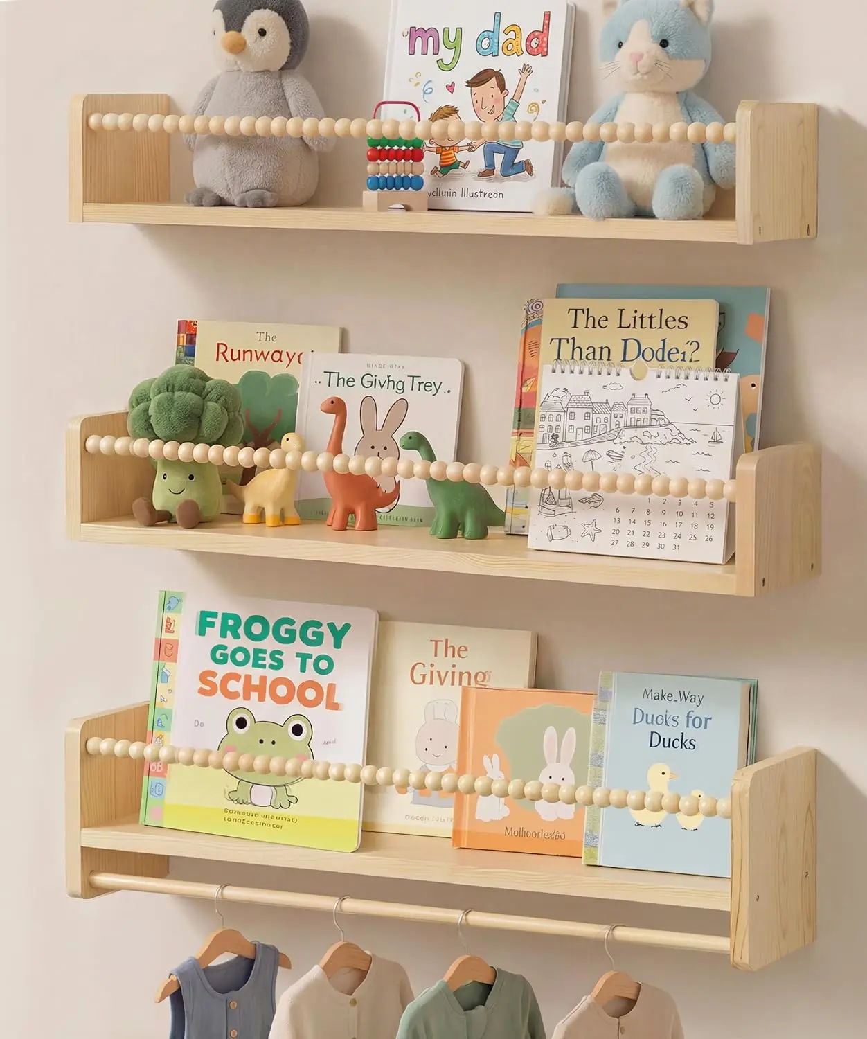 

Natural Wood Floating Shelves Set of 3, Wall-Mounted Organizer for Kids Room, Bedroom, Kitchen Spice Rack