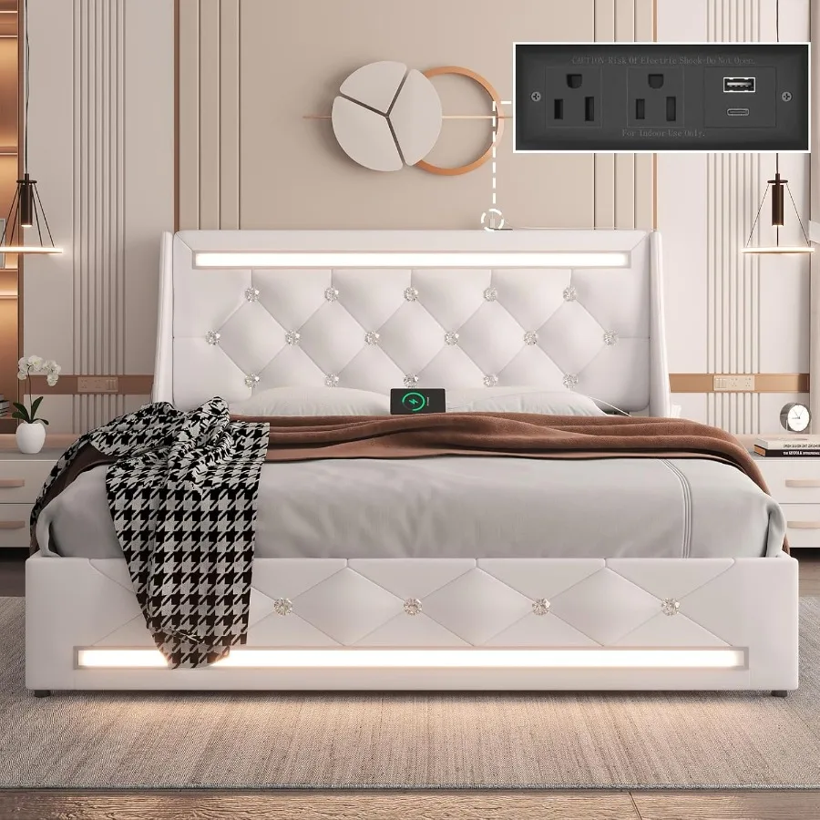 Queen Bed Frame with LED Lights and Charging Station Wingback Upholstered Diamond Tufted Storage Headboard NoiseFree Solid Wood