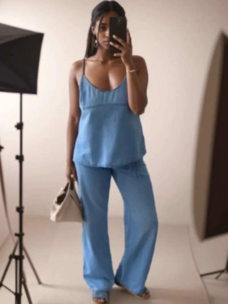 

Holiday Beach Denim Pants Suit 2025 Summer New Women's V-neck Casual Sling Backless Bow Tops Casual Pants Women Two-piece Sets