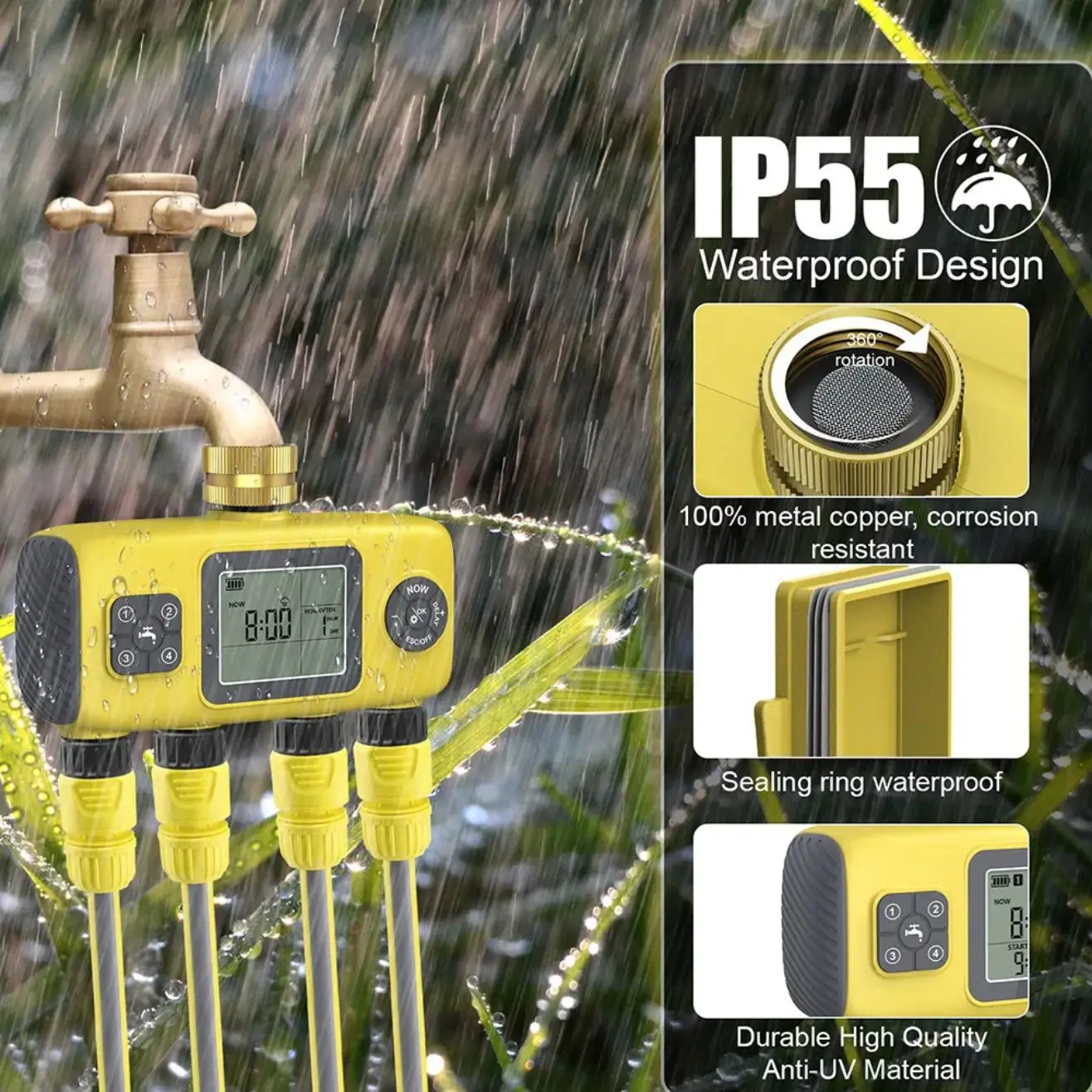 

New 4-Way Irrigation Water Valve, IP55 Waterproof Timer with Button Control and LCD Display, Smart Garden Irrigation Controller