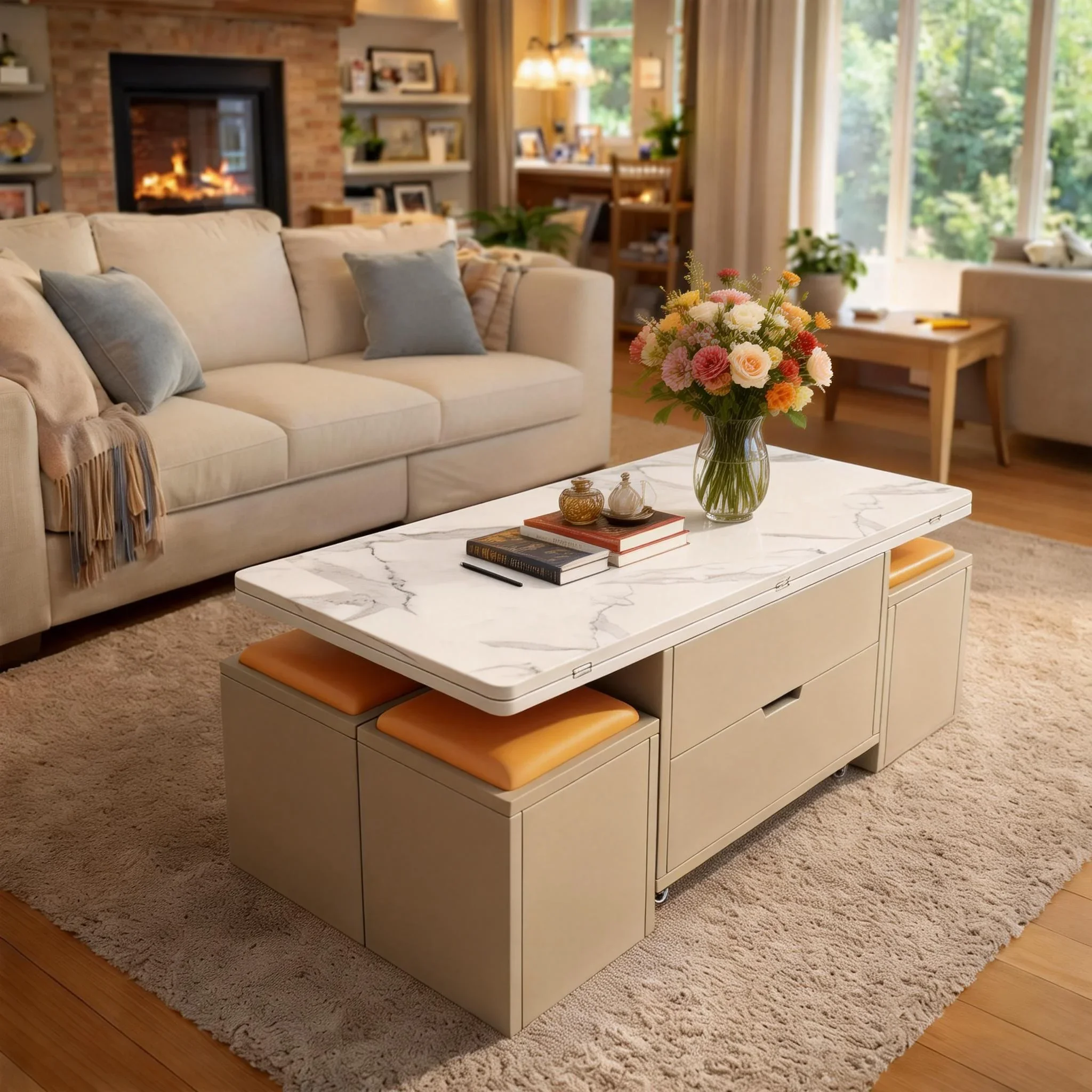 Lifting folding slate dining table and coffee table dual-purpose with storage storage stool, small apartment living room multi-f