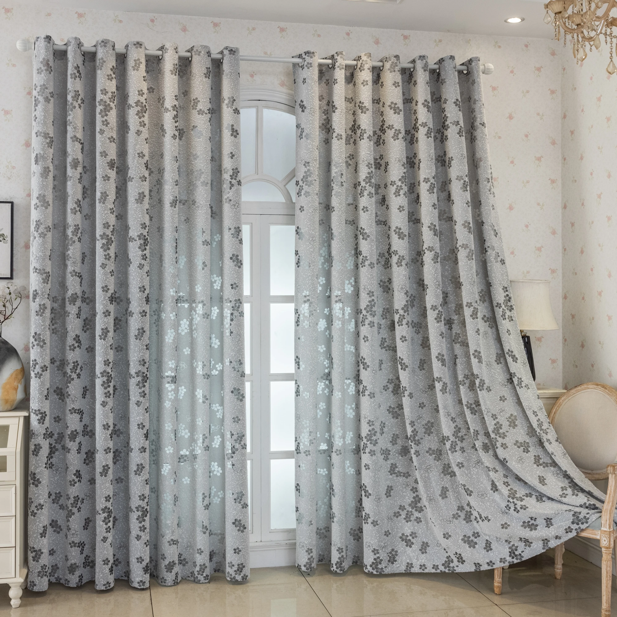1pc Jacquard Grey Floral Sheer Curtains, Thicked Transparent Flower Pattern Window Drapes for Living Room Bedroom Decor