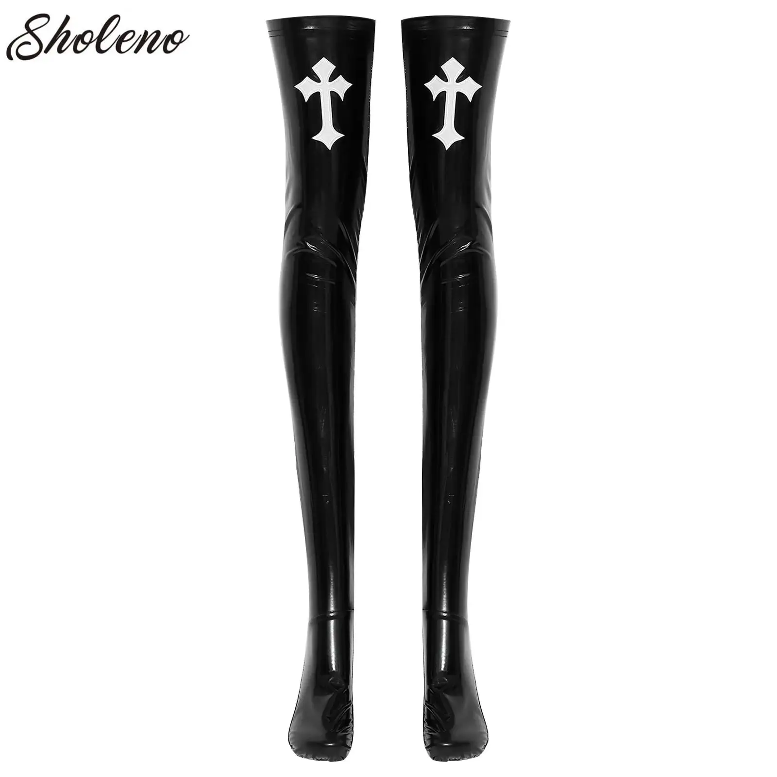 

Women Sexy Pole Dance Club Party Hosiery Wetlook Latex Nun Stockings Catholic Sister Shiny Patent Leather Thigh High Stockings