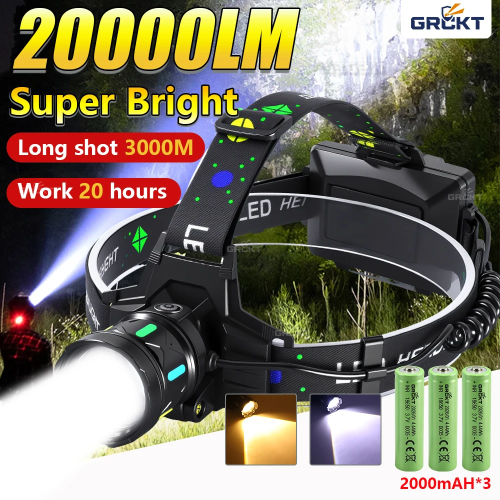 20000LM Hiking Headlamp Rechargeable USB C 18650x3 Ultra Powerful LED Front Lamp Zoomable Spotlight Outdoor Hiking Head Lantern