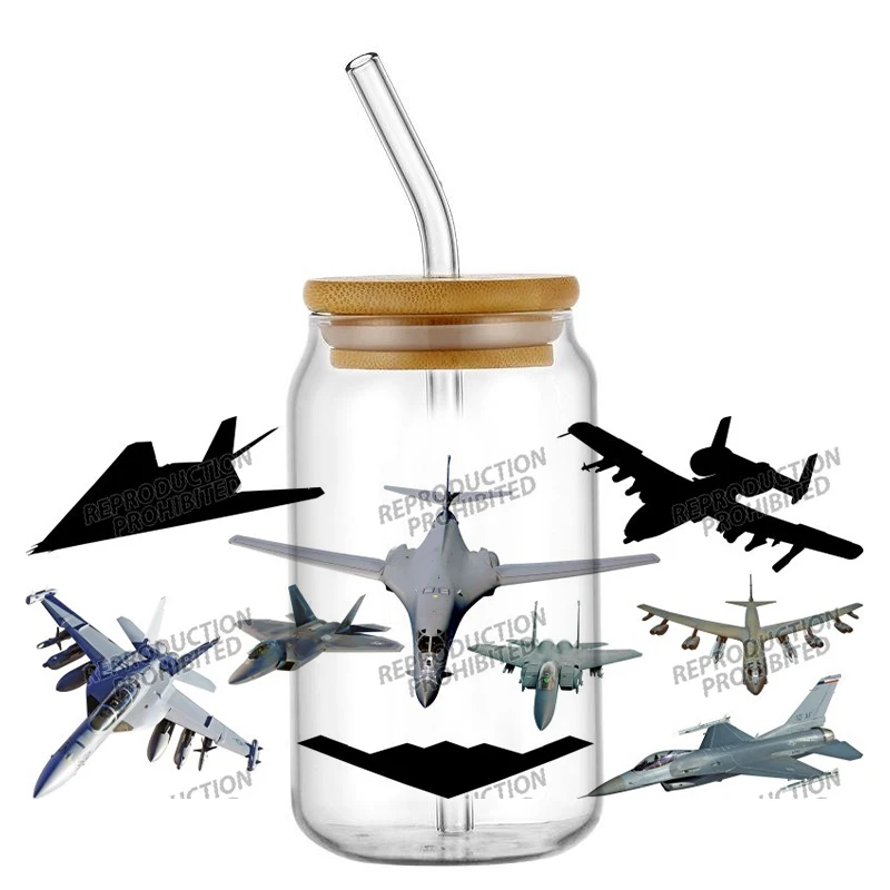 Military Fighter Jet Aircraft 16oz UV DTF 3D Transfer Cartoon Sticker Wrap Decals For Glass Can Cup Craft DIY Creative