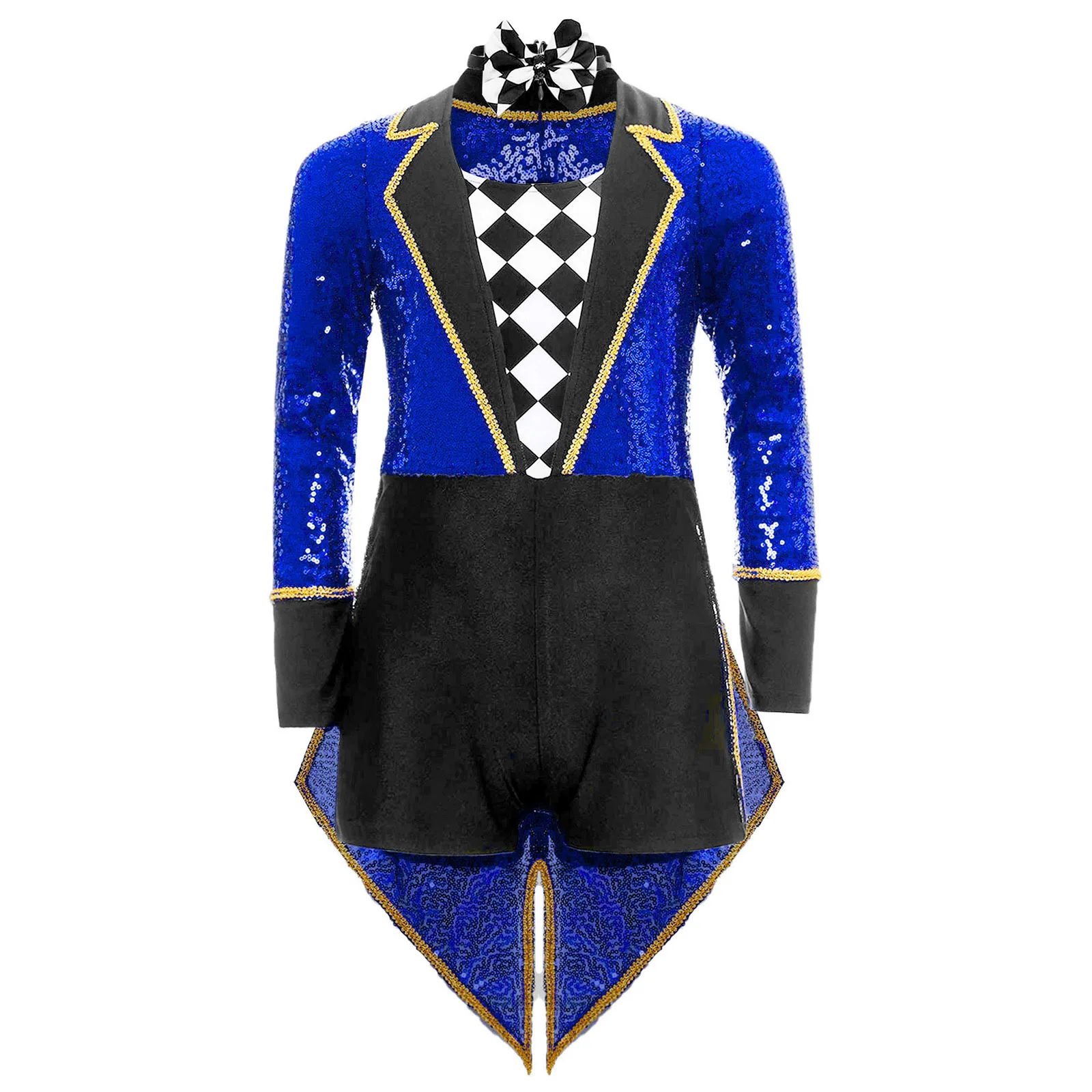 

Unisex Girls Boys Halloween Circus Magician Cosplay Costume Long Sleeve Sequins Checkerboard Tailcoat Bodysuit with Bow Tie