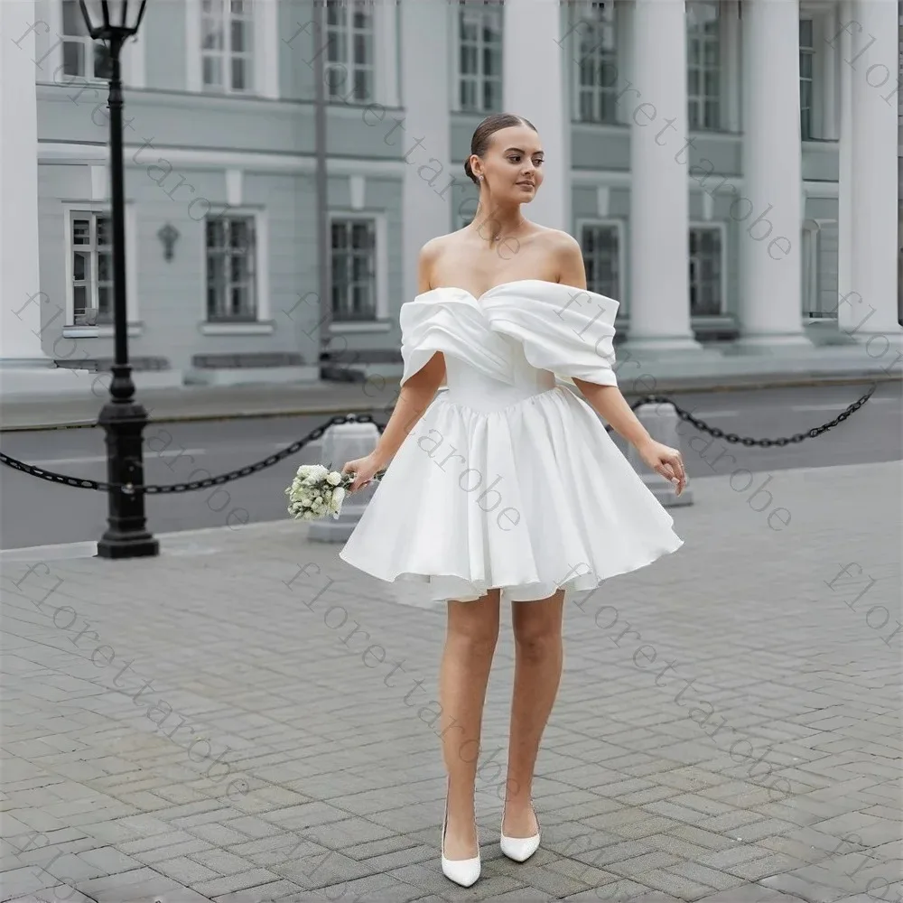 Customized Simple Sweetheart Off-the-shoulder Short A-Line Backless Knee Length Wedding Dresses Lace Up Satin Fold Bridal Gowns