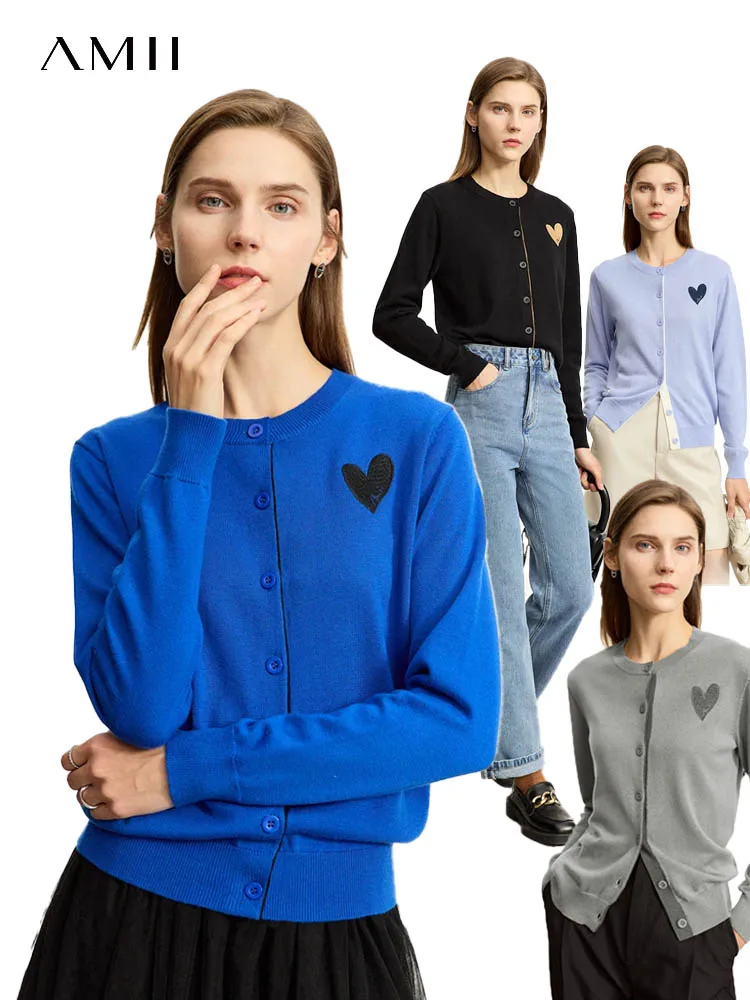 AMII Cardigan lavorato a maglia minimalista per le donne 2023 autunno nuovo amore ricamo semplice sottile girocollo femminile maglioni pieni 12343350