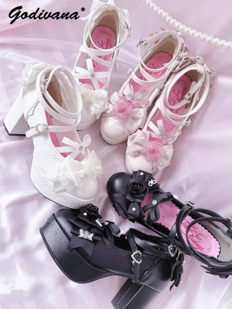 

Original Lolita High Heels Japanese Style Mass-produced Girl Women's Flower Bow Mary Janes Shoes Elegant Leather Pump Shoes