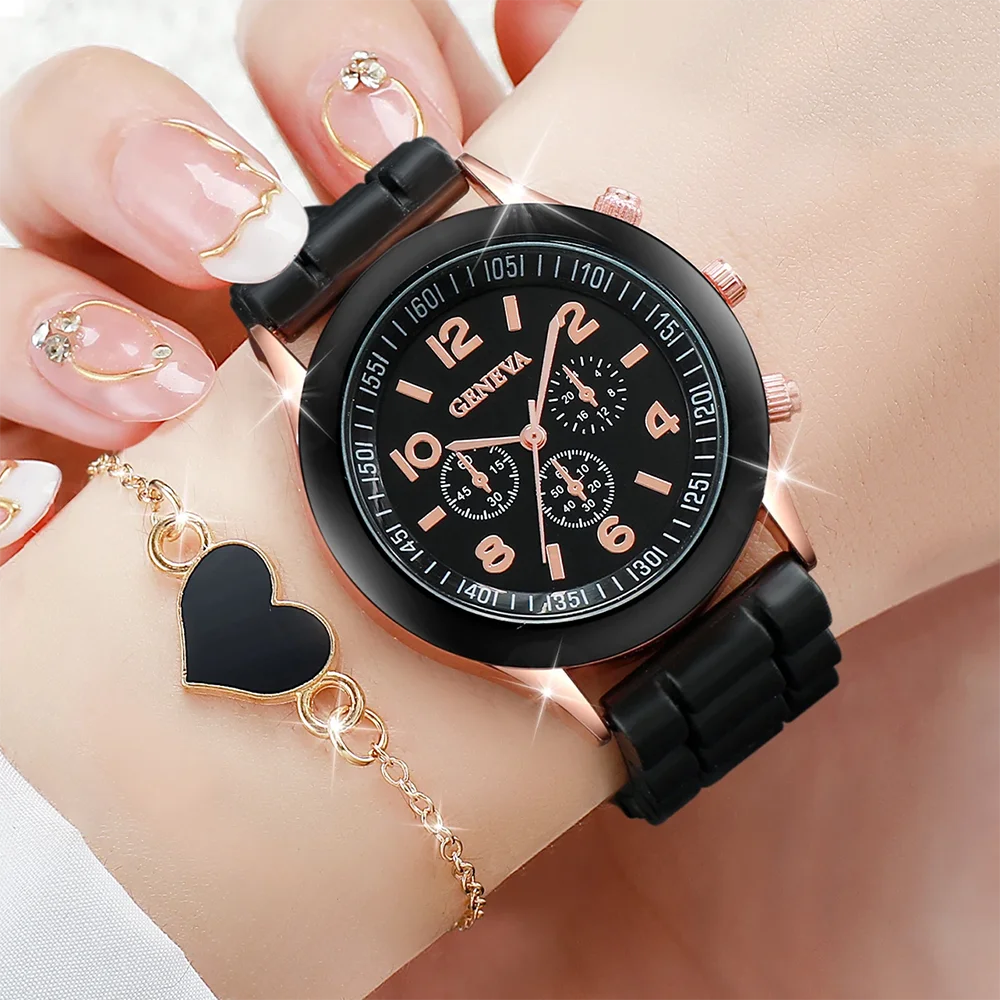 2 unids/set reloj Geneva banda de silicona de moda relojes de cuarzo para mujer conjunto de joyería de corazón (sin caja)