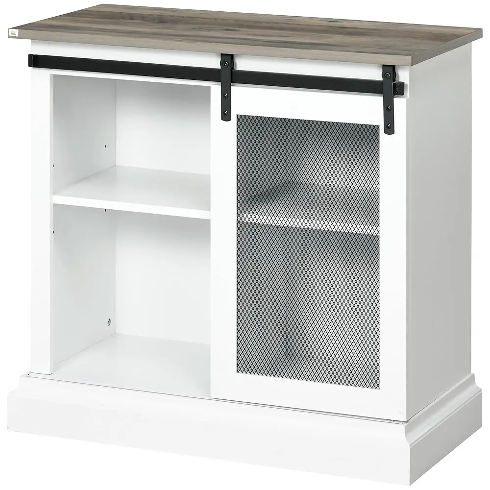 

Farmhouse Kitchen Sideboard, Buffet Cabinet With Sliding Barn Door And Adjustable Shelves For Living Room, White