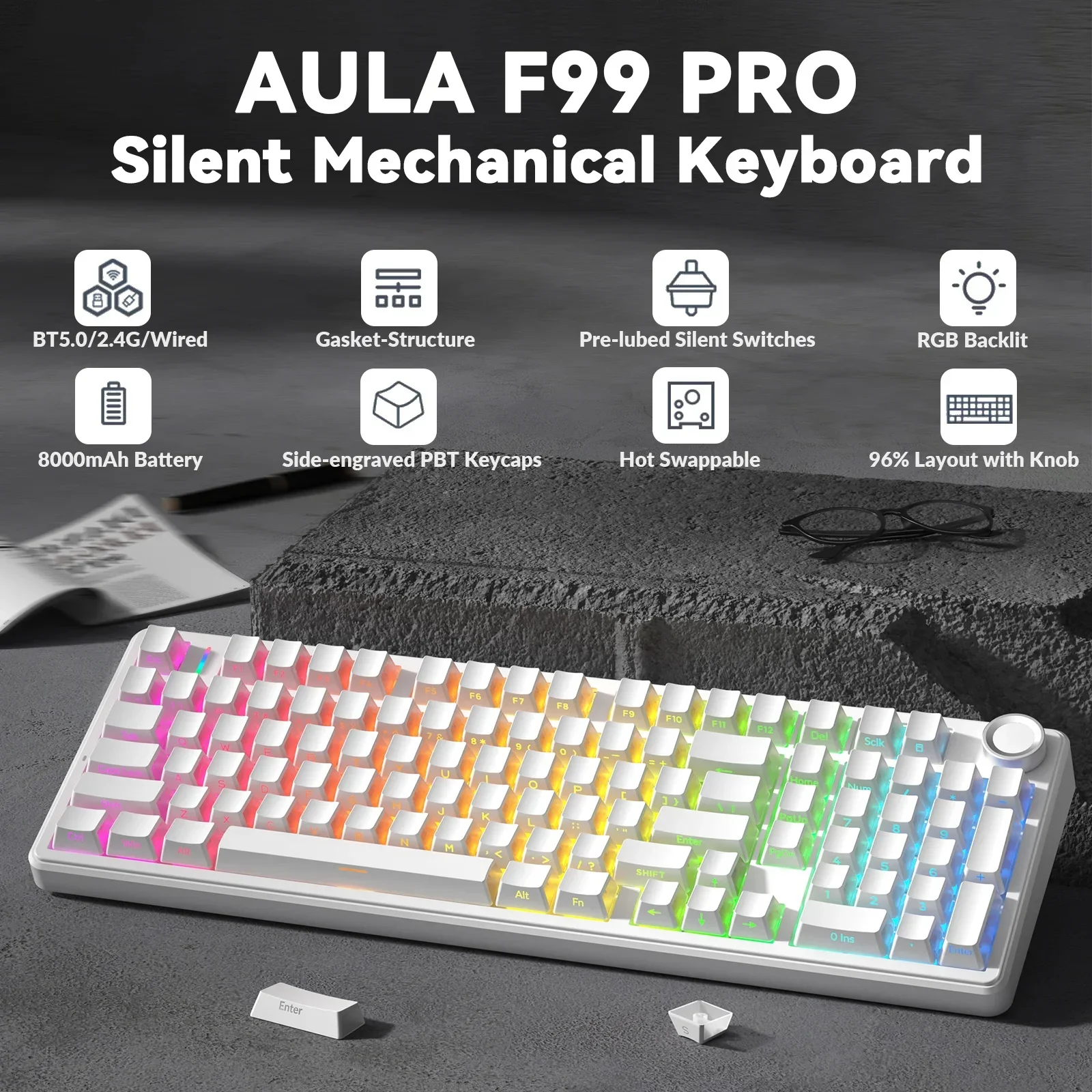

F99Pro Low Noise Keyboard Gasket Structure Hot-swap RGB Mechanical Keyboard with Media Knob