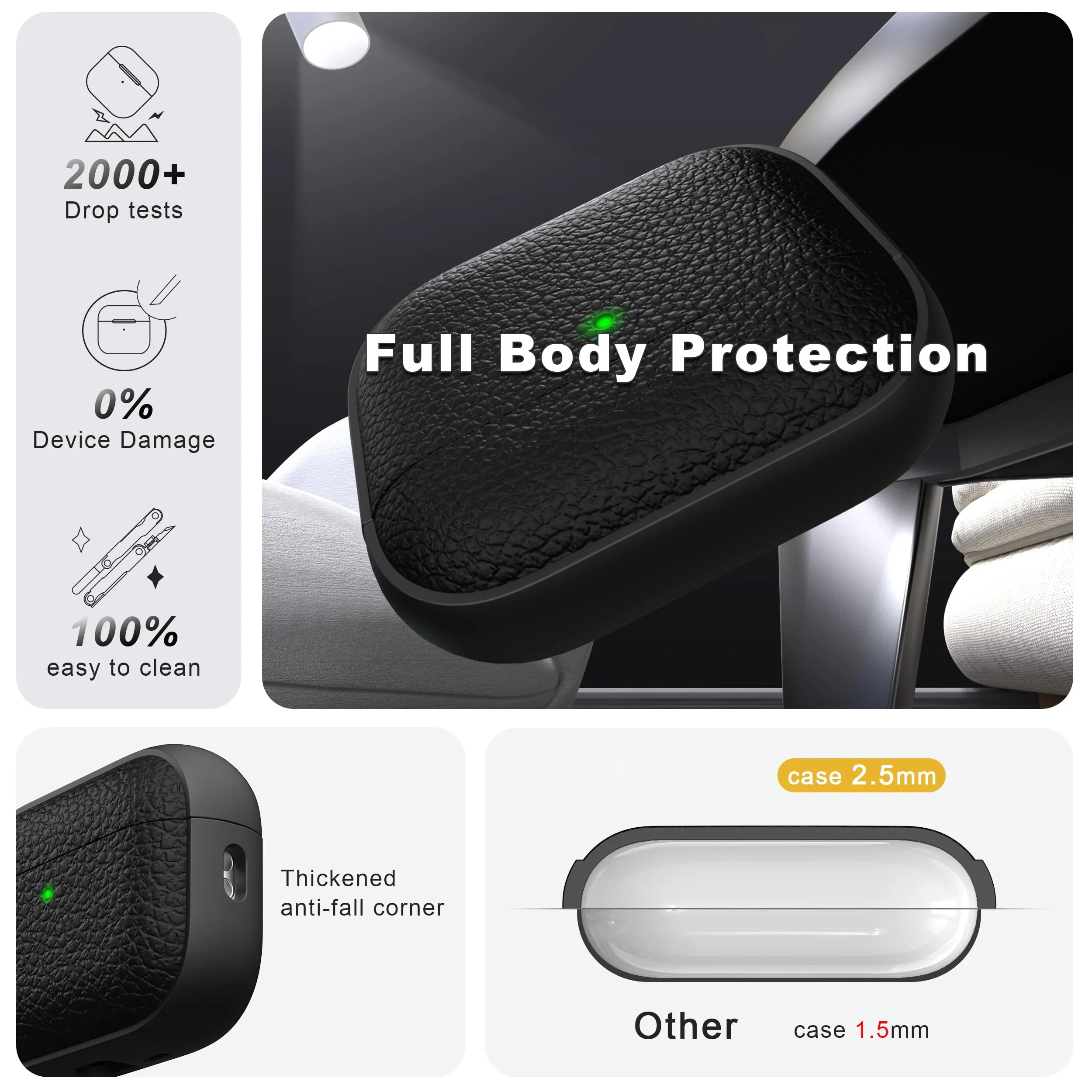 2025 لـ AirPods Pro 3/Pro 2/4 حافظة حماية ناعمة من مادة TPU (تصميم تشبه الجلد) مع سلسلة مفاتيح ومجموعة منظف لأجهزة AirPods Pro 3/4