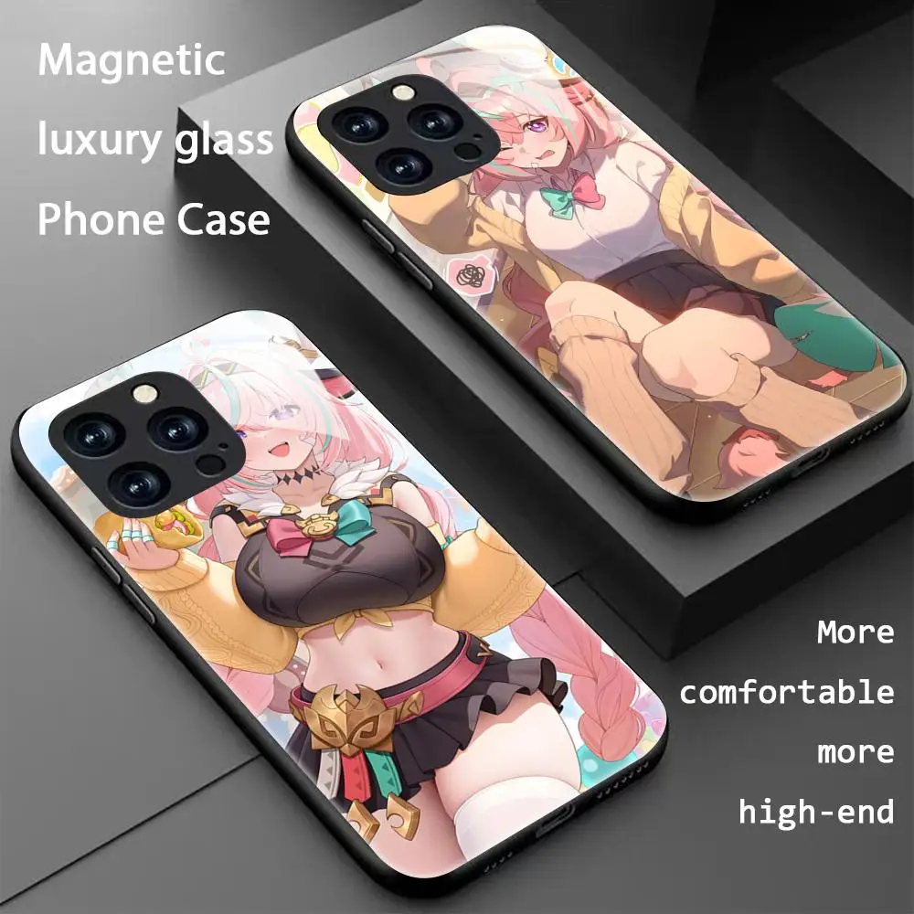 

Популярный чехол для телефона Genshin Impact Varesa для iPhone 16, 15, 14, 13, 12, 11 X XR XS 8 Plus Mini Pro Max, стеклянный магнитный чехол для телефона