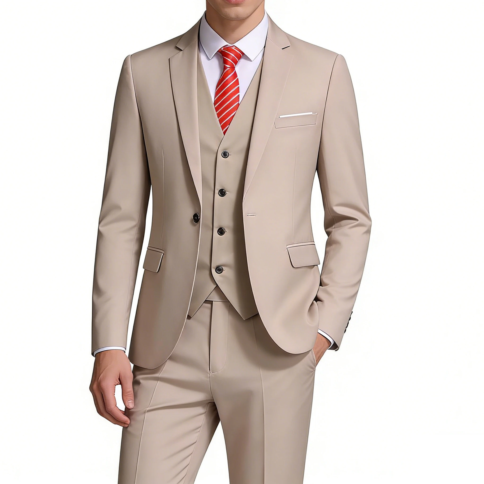 

( Blazer + Vest + Pants ) Men's Suit Slim 3 Pieces Set Solid Wedding Party Prom Groom Best Male Formal Business Suit