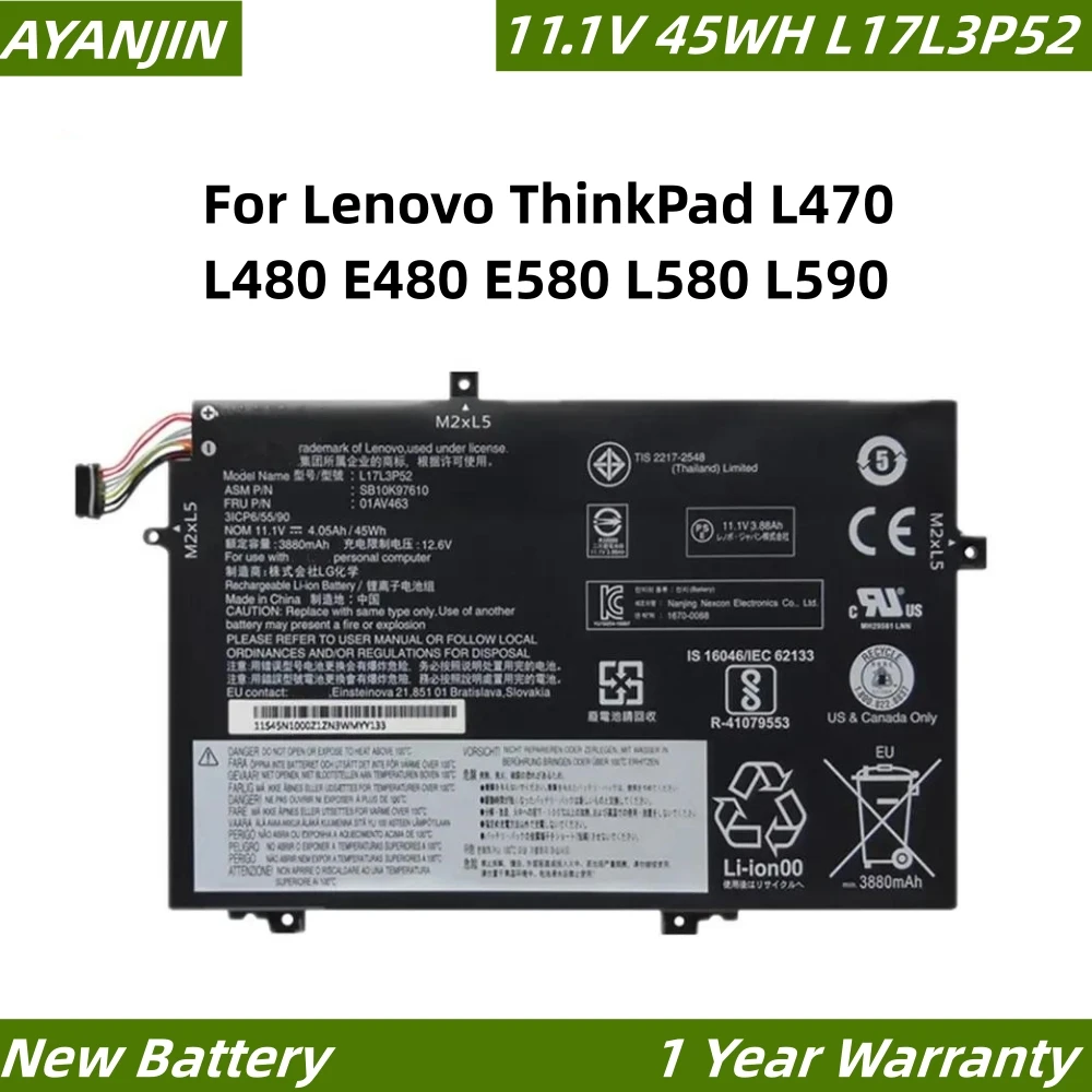 L17L3P52 L17M3P53 11.1V 45WH Battery For Lenovo ThinkPad L470 L480 E480 E580 L580 L590 Series L17C3P52 01AV466 01AV463