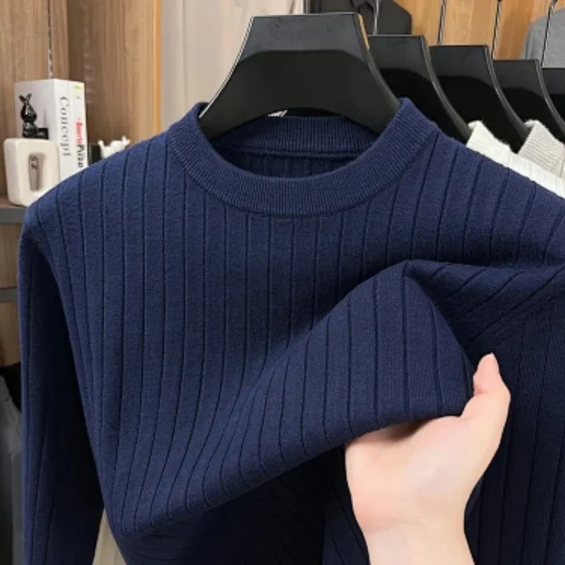 Men Autumn Winter Crew Neck Knit Sweater Solid Color Warm Casual Pullover For Middle Aged Men